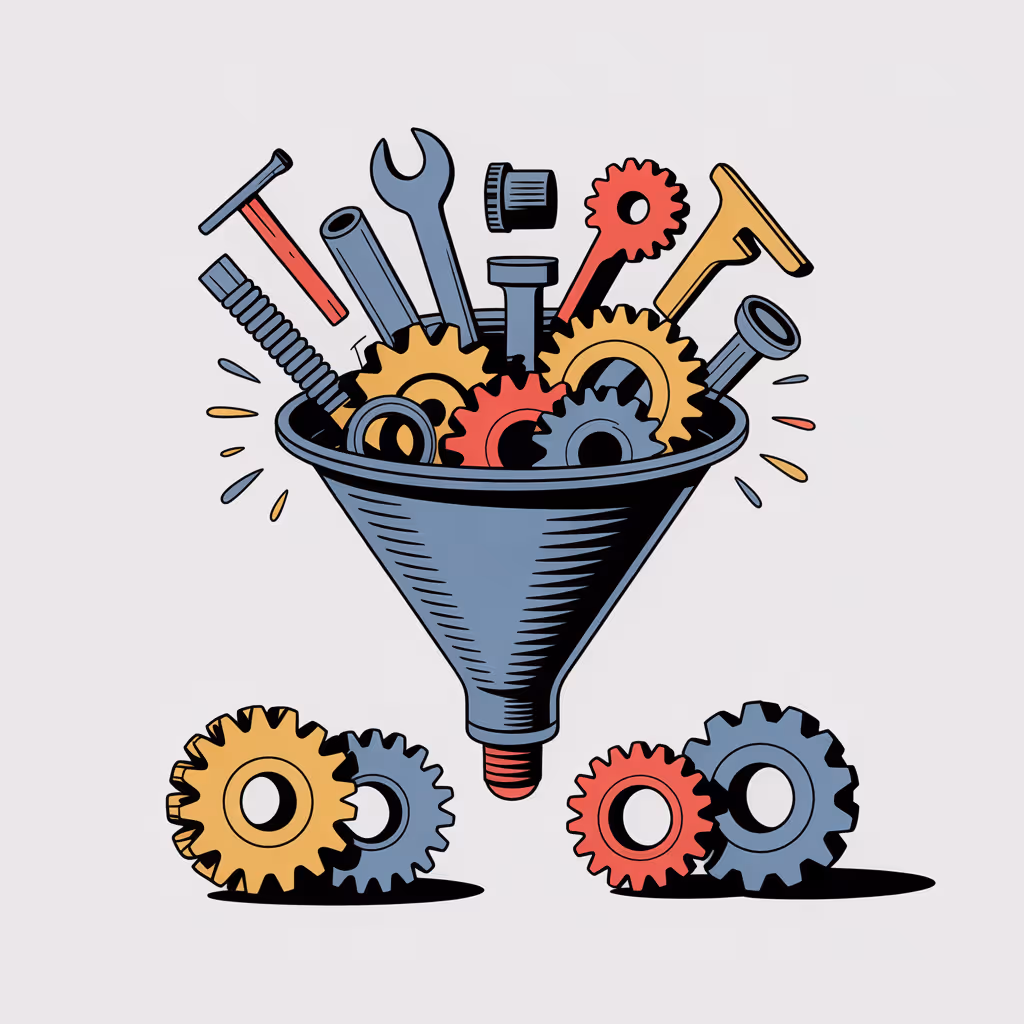 Illustration of a funnel filled with various tools and gears, with additional gears placed outside the funnel on both sides.