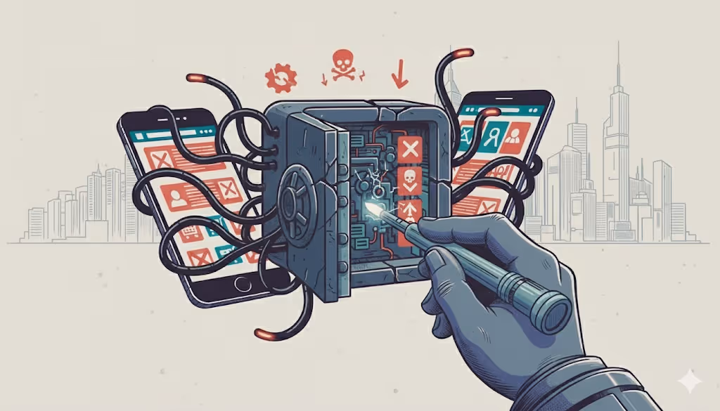 Illustration of a robotic hand using a screwdriver to manipulate the inner mechanics of a safe connected to smartphones with warning icons.