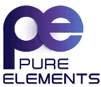 Logo with stylized lowercase letters 'pe' above the words 'PURE ELEMENTS'.