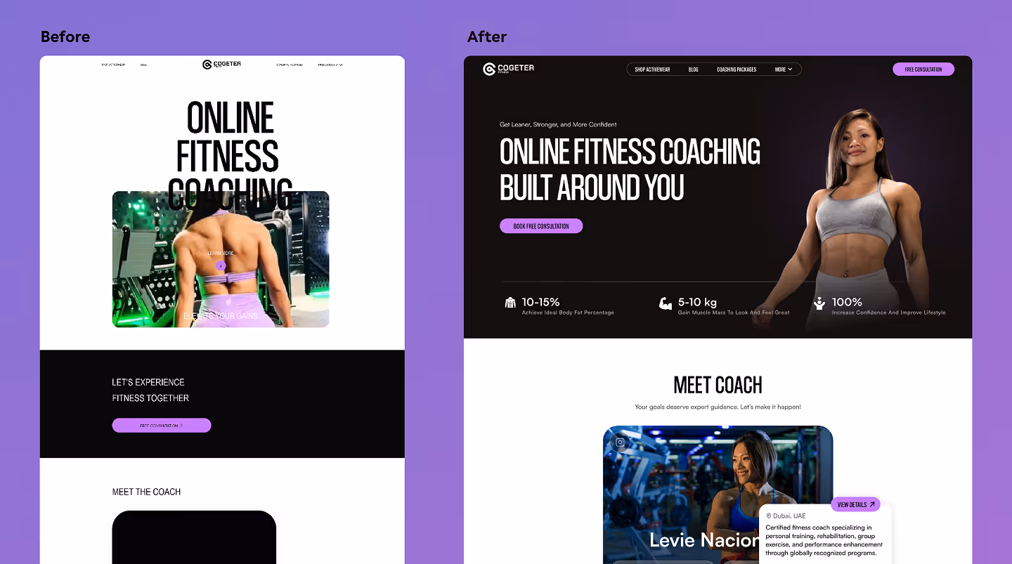 Comparison of a fitness coaching website before and after redesign, showing improved layout with a fit woman in workout attire, clearer text, and call-to-action buttons.