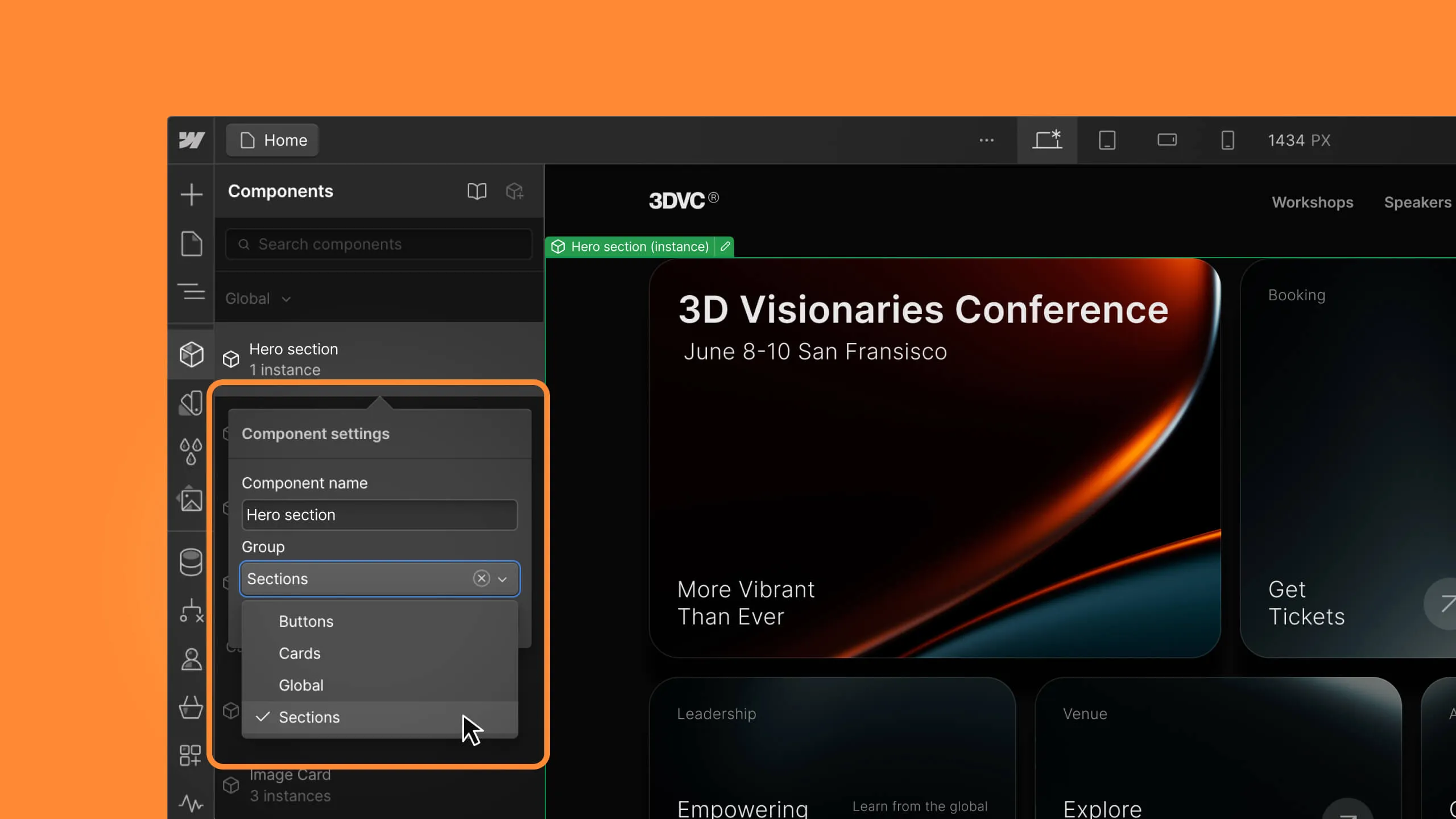 User interface showing component settings for 'Hero section' with grouping options including Buttons, Cards, Global, and Sections selected.