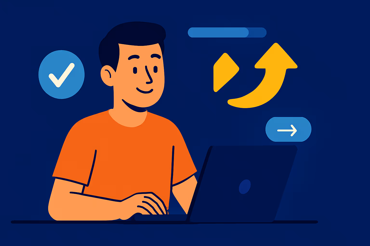 Illustration of a person in an orange shirt working on a laptop with upward arrow and checkmark icons floating nearby.
