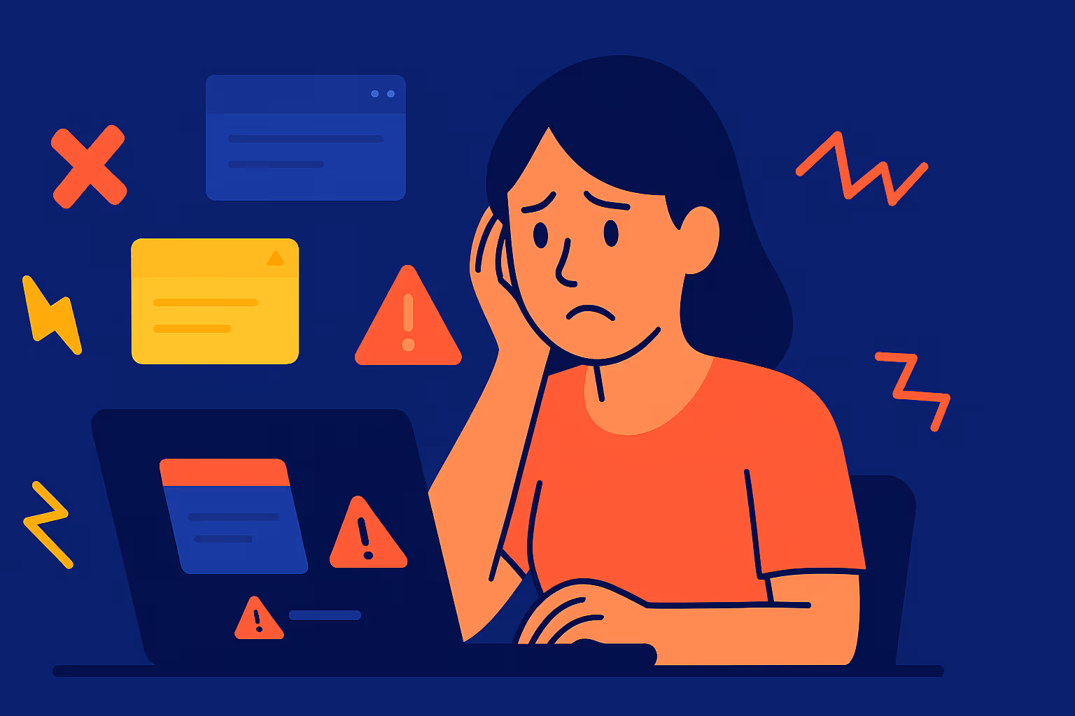 Illustration of a worried woman using a laptop surrounded by warning symbols and error messages on a dark blue background.
