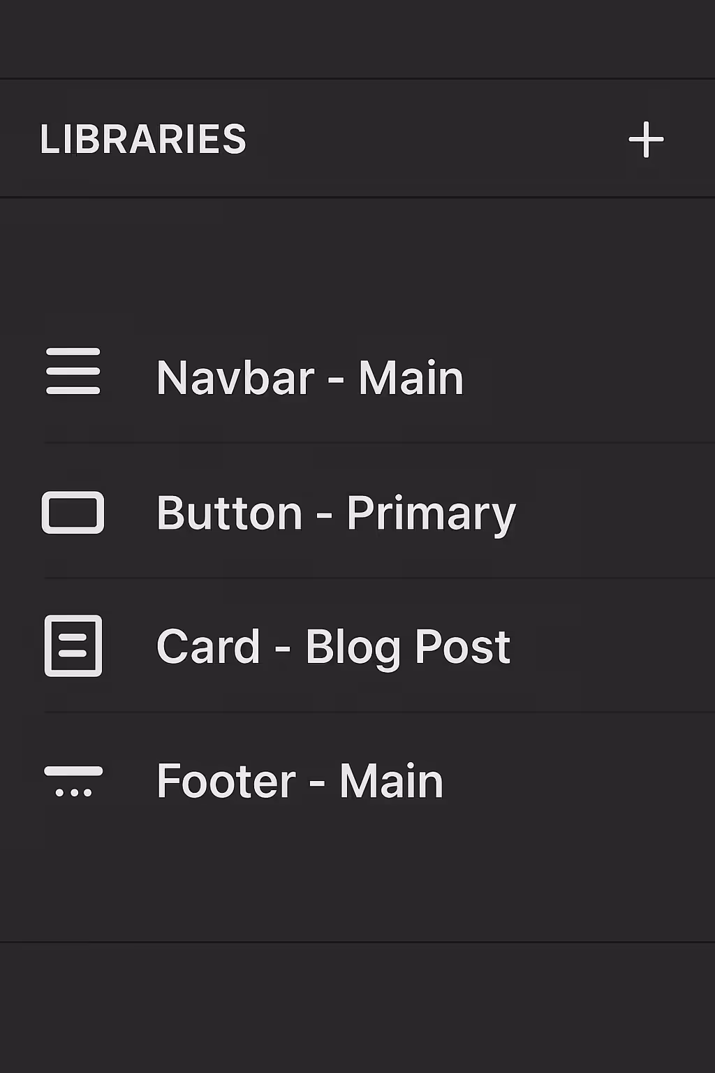 UI panel titled 'Libraries' showing items: Navbar - Main, Button - Primary, Card - Blog Post, and Footer - Main, each with respective icons.