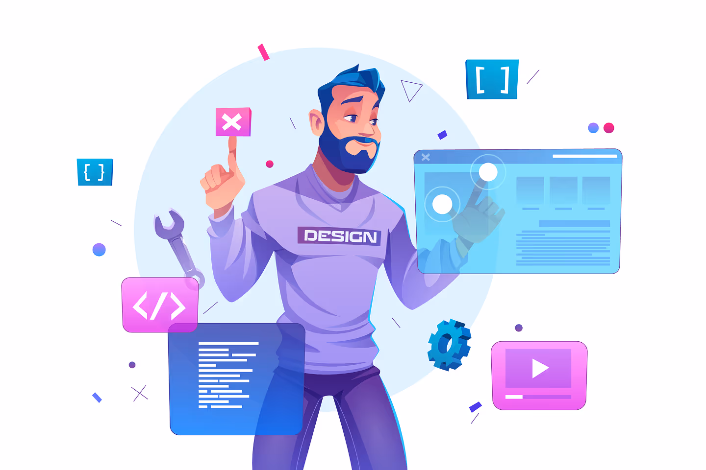 Illustration of a bearded man in a purple shirt labeled 'DESIGN' interacting with floating coding and design interface icons.