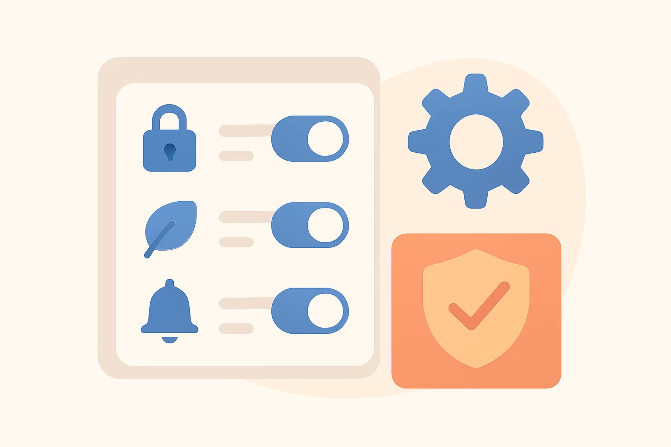 Illustration of a settings panel with toggle switches next to lock, leaf, and bell icons, beside a gear icon and a shield with a checkmark.